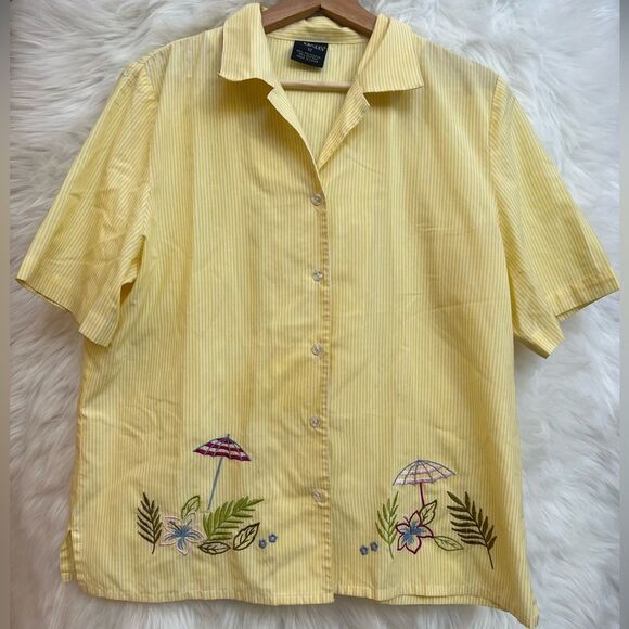 Allison Daley short sleeve button up yellow striped embroidered summer detailing - Picture 3 of 10